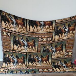 Vintage 90s C. Cummings Horses Fringe Throw Tapestry Blanket 8ft 9" x 7ft 5" USA